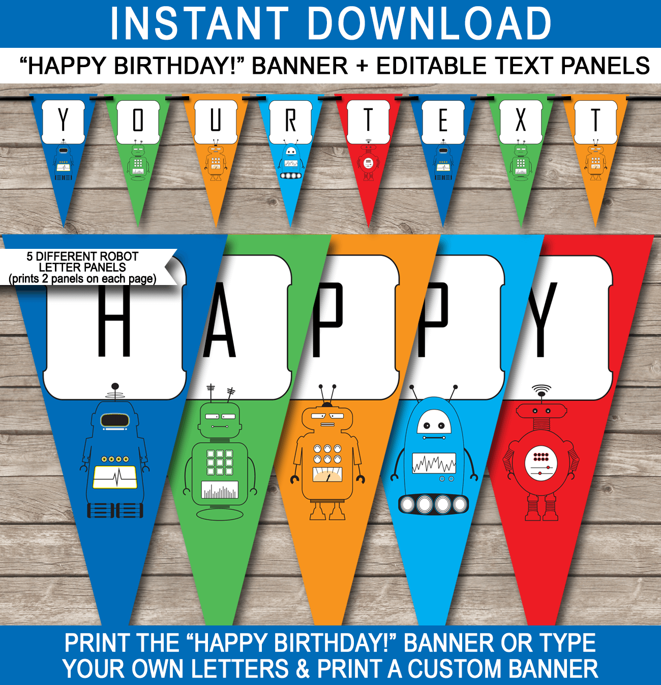 Robot Party Banner Template - Robot Bunting - Happy Birthday Banner - Birthday Party - Editable and Printable DIY Template - INSTANT DOWNLOAD $4.50 via simonemadeit.com