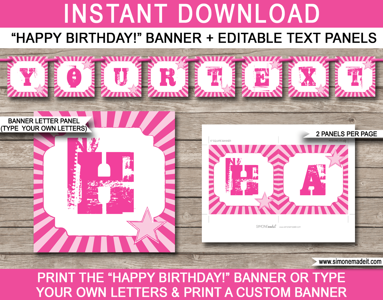 Pink Rockstar Party Banner Template - Bunting - Happy Birthday Banner - Birthday Party - Editable and Printable DIY Template - INSTANT DOWNLOAD $4.50 via simonemadeit.com