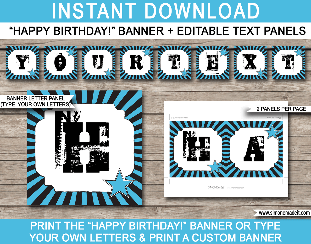 Blue Rockstar Birthday Banner Template - Bunting - Birthday Party - Editable and Printable DIY Template - INSTANT DOWNLOAD $4.50 via simonemadeit.com