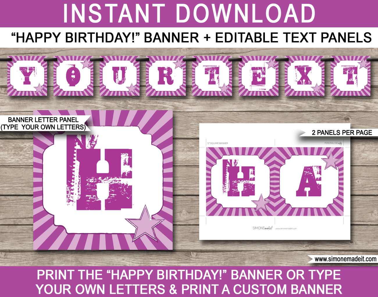 Purple Rock Star Party Banner Template - Bunting - Happy Birthday Banner - Birthday Party - Editable and Printable DIY Template - INSTANT DOWNLOAD $4.50 via simonemadeit.com
