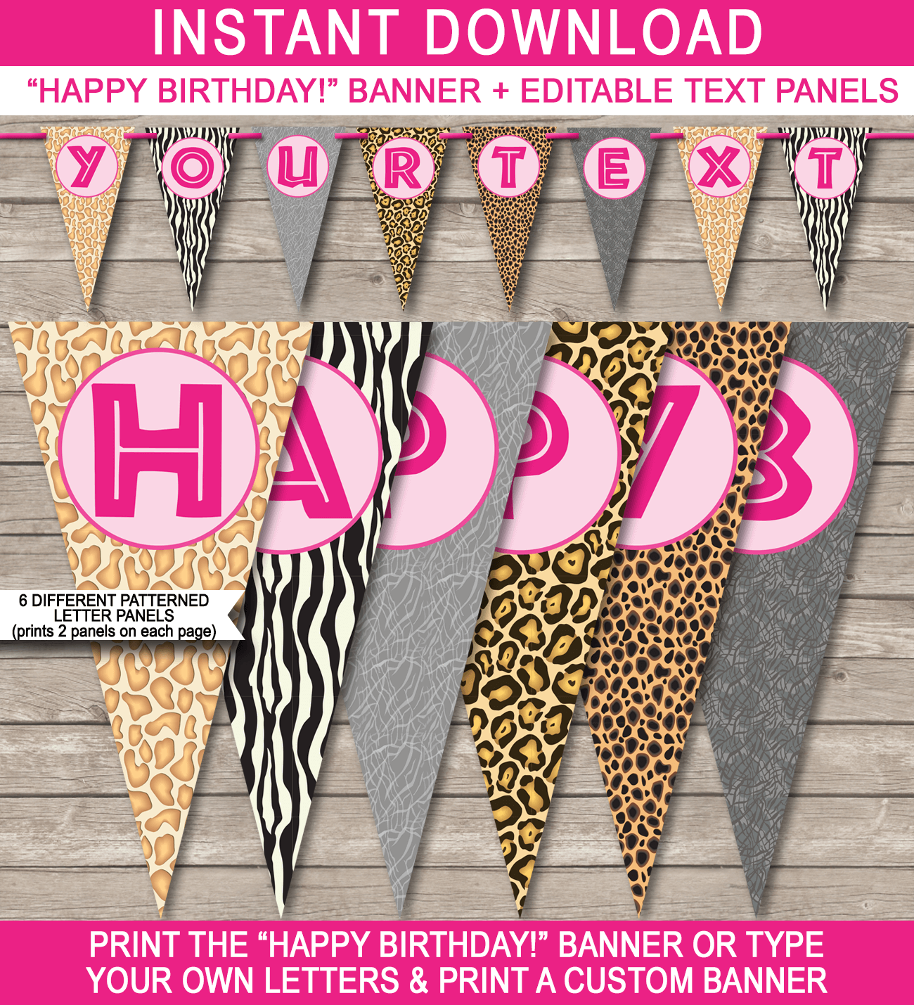 Pink Safari or Zoo Party Banner Template - Bunting - Happy Birthday Banner - Birthday Party - Editable and Printable DIY Template - INSTANT DOWNLOAD $4.50 via simonemadeit.com