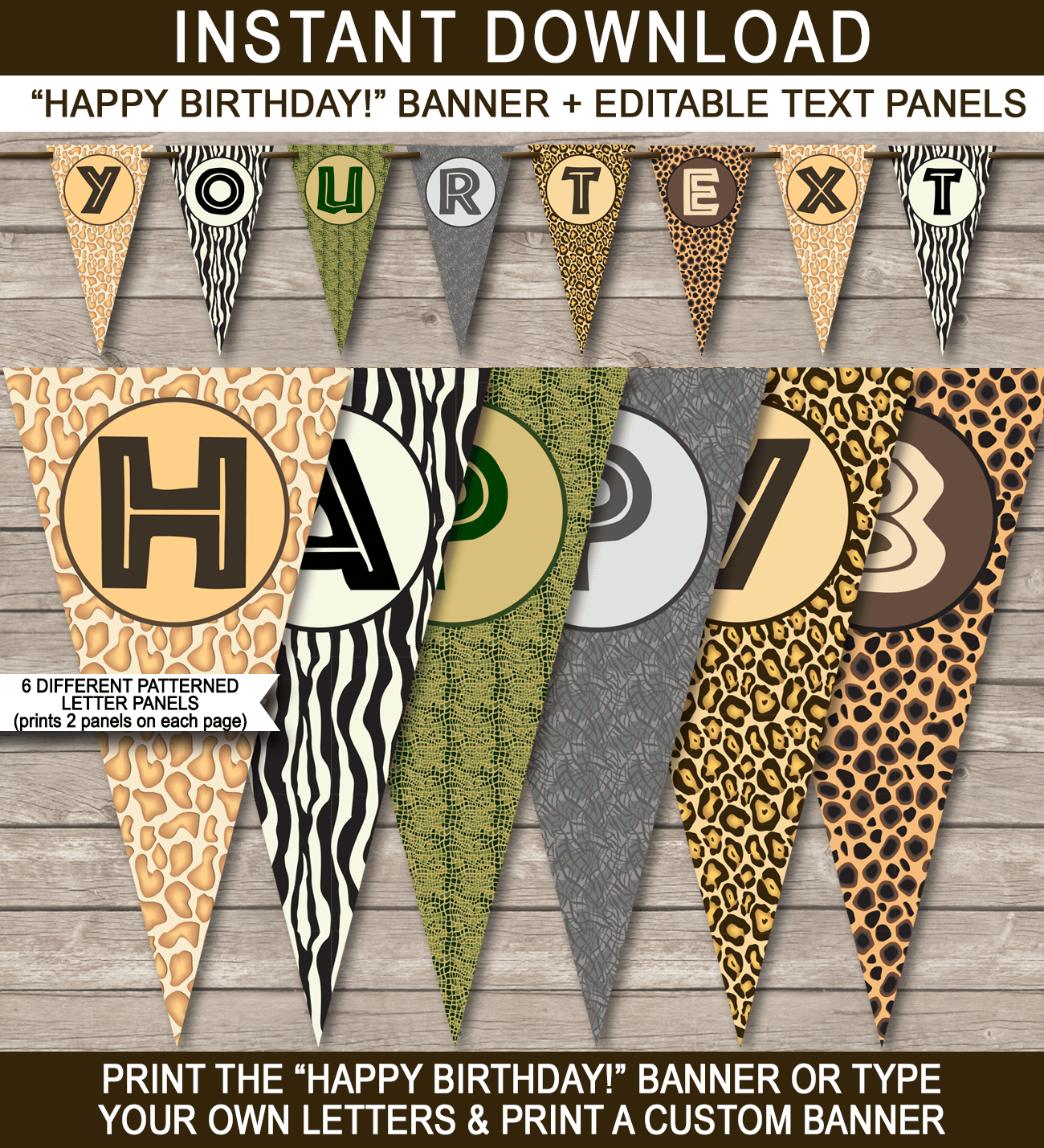Zoo or Safari Party Banner Template - Bunting - Happy Birthday Banner - Birthday Party - Editable and Printable DIY Template - INSTANT DOWNLOAD $4.50 via simonemadeit.com