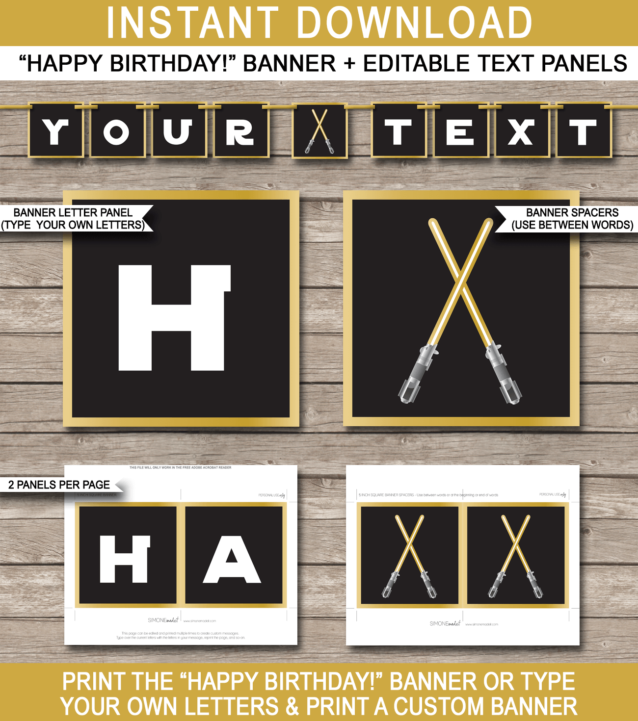Gold Star Wars Pennant Banner Template - Star Wars Bunting - Happy Birthday Banner - Birthday Party - Editable and Printable DIY Template - INSTANT DOWNLOAD $4.50 via simonemadeit.com