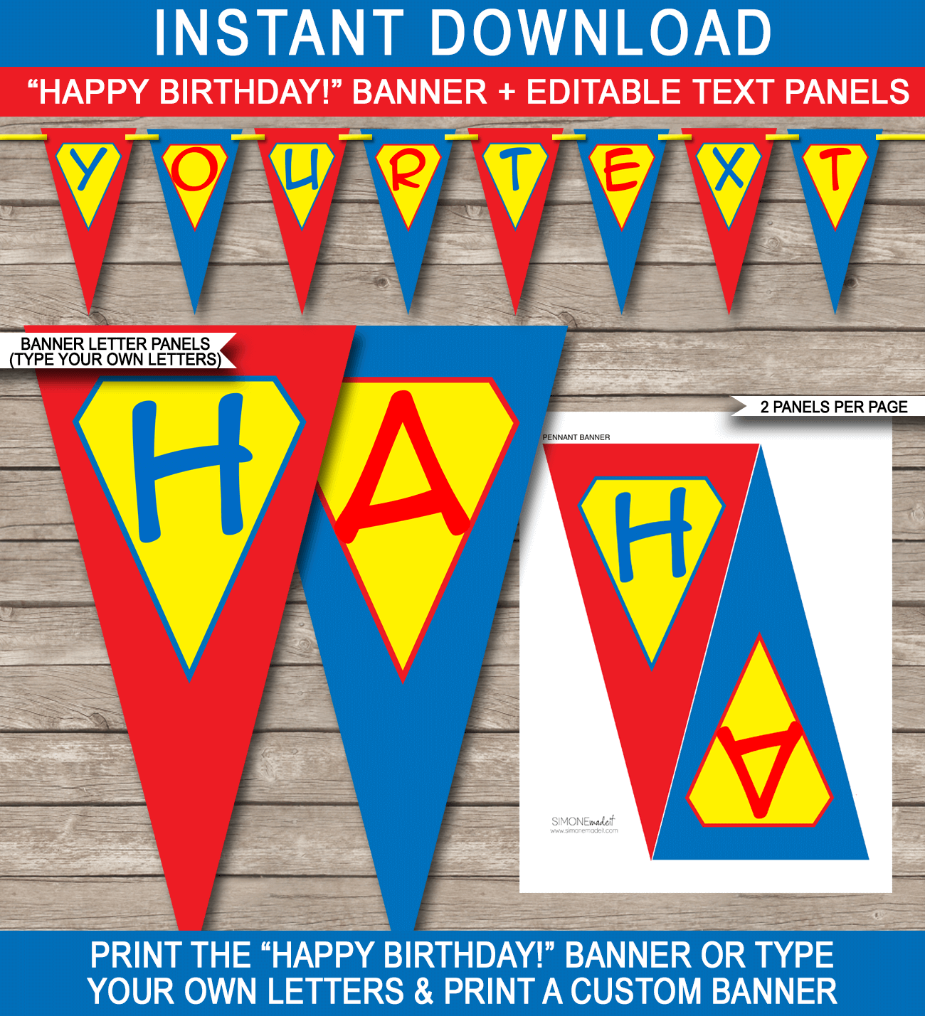 Superhero Party Banner Template - Superman - Superhero Bunting - Happy Birthday Banner - Birthday Party - Editable and Printable DIY Template - INSTANT DOWNLOAD $4.50 via simonemadeit.com