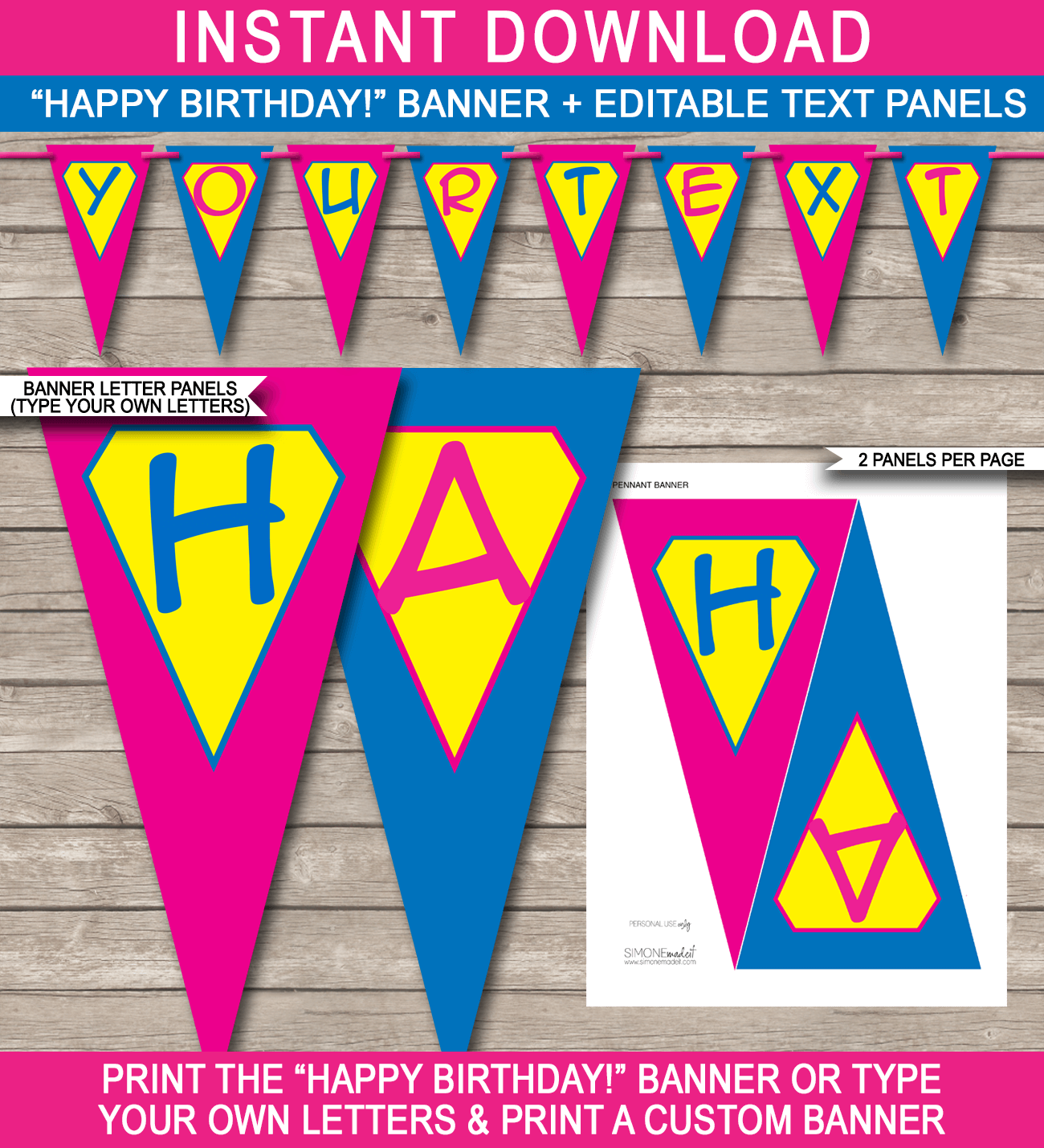 Printable Supergirl Pennant Banner Template - Girl Superhero Bunting - Happy Birthday Banner - Birthday Party - DIY Editable Text - INSTANT DOWNLOAD $4.50 via simonemadeit.com