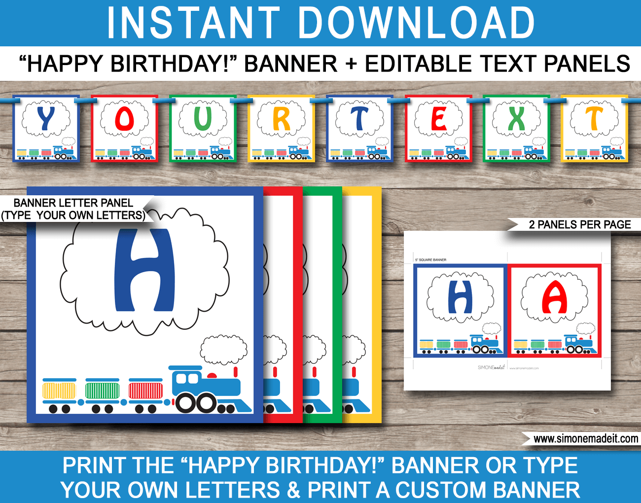 Steam Train Party Banner Template - Birthday Party Bunting - Happy Birthday Banner - Editable and Printable DIY Template - INSTANT DOWNLOAD $4.50 via simonemadeit.com