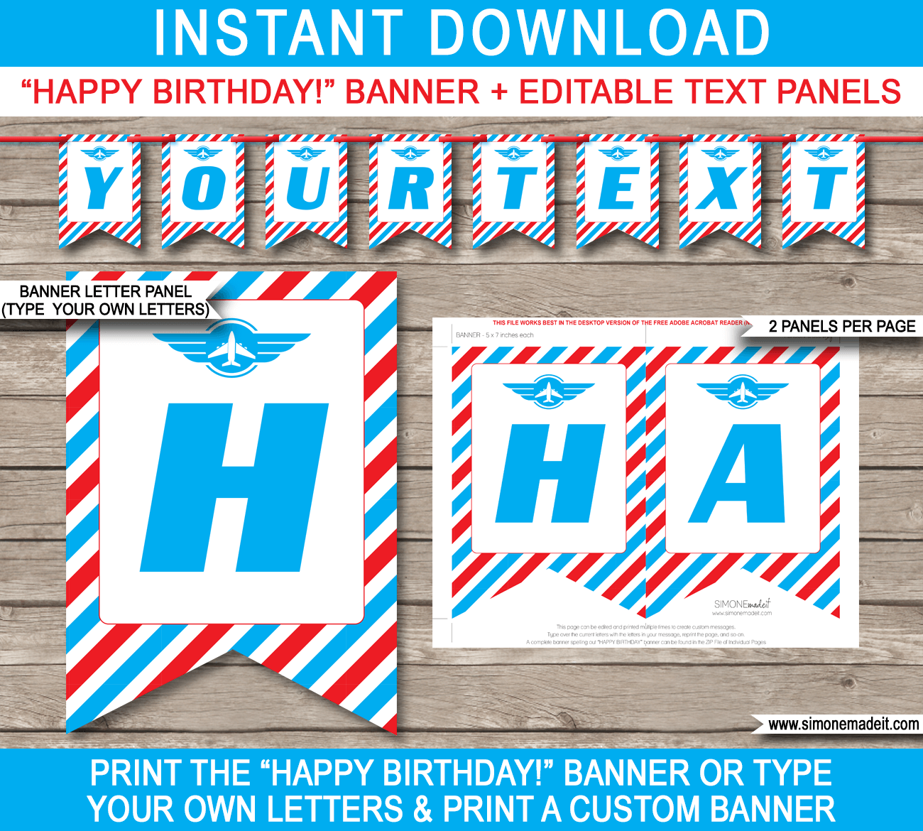 Airplane Birthday Party Banner Template - Bunting - Happy Birthday Banner Pennants - Biplane - Editable and Printable DIY Template - INSTANT DOWNLOAD $4.50 via simonemadeit.com