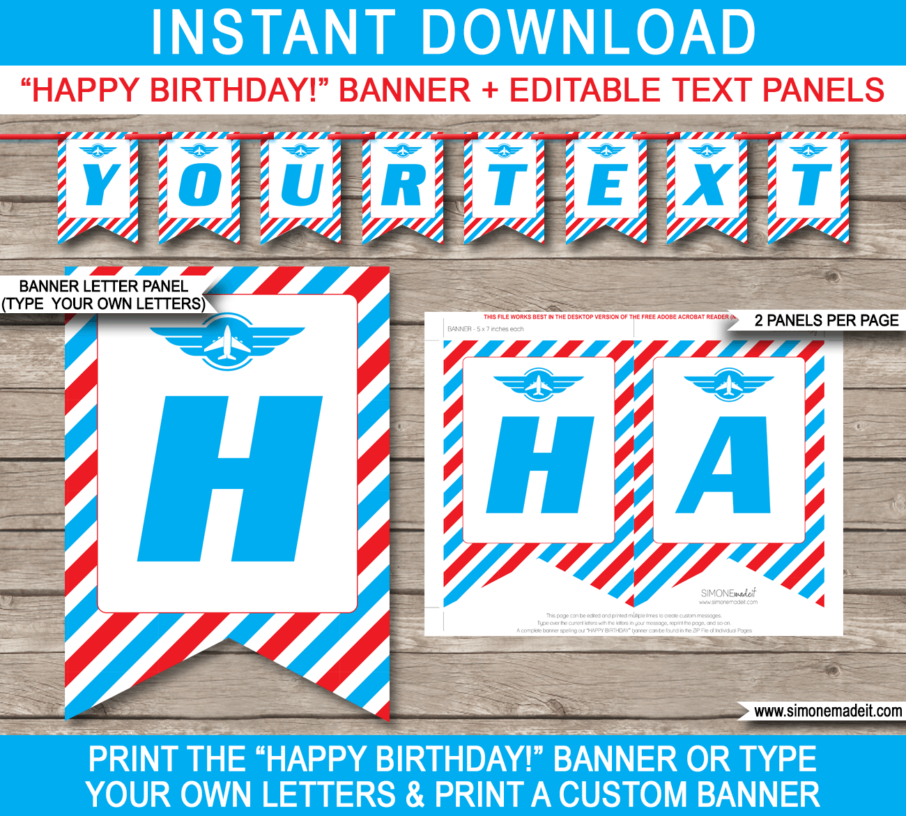 Printable Airplane Birthday Party Banner Template - Bunting - Happy Birthday Banner Pennants - Biplane - Editable and Printable DIY Template - INSTANT DOWNLOAD $4.50 via simonemadeit.com