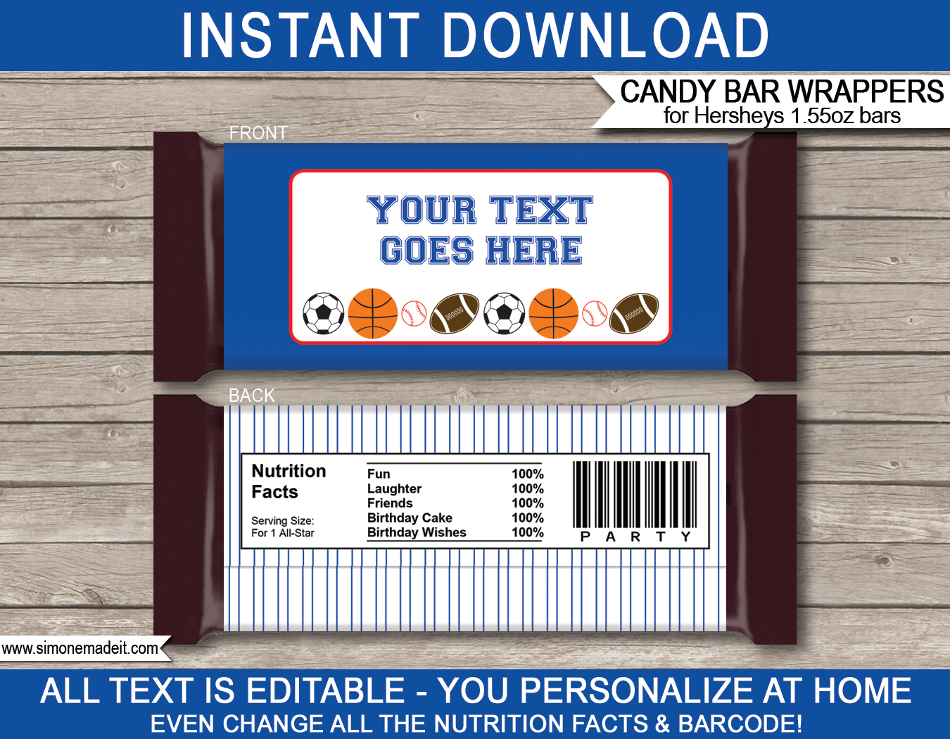 All Star Sports Hershey Candy Bar Wrappers | Birthday Party Favors | Personalized Candy Bars | Editable Template | INSTANT DOWNLOAD $3.00 via simonemadeit.com
