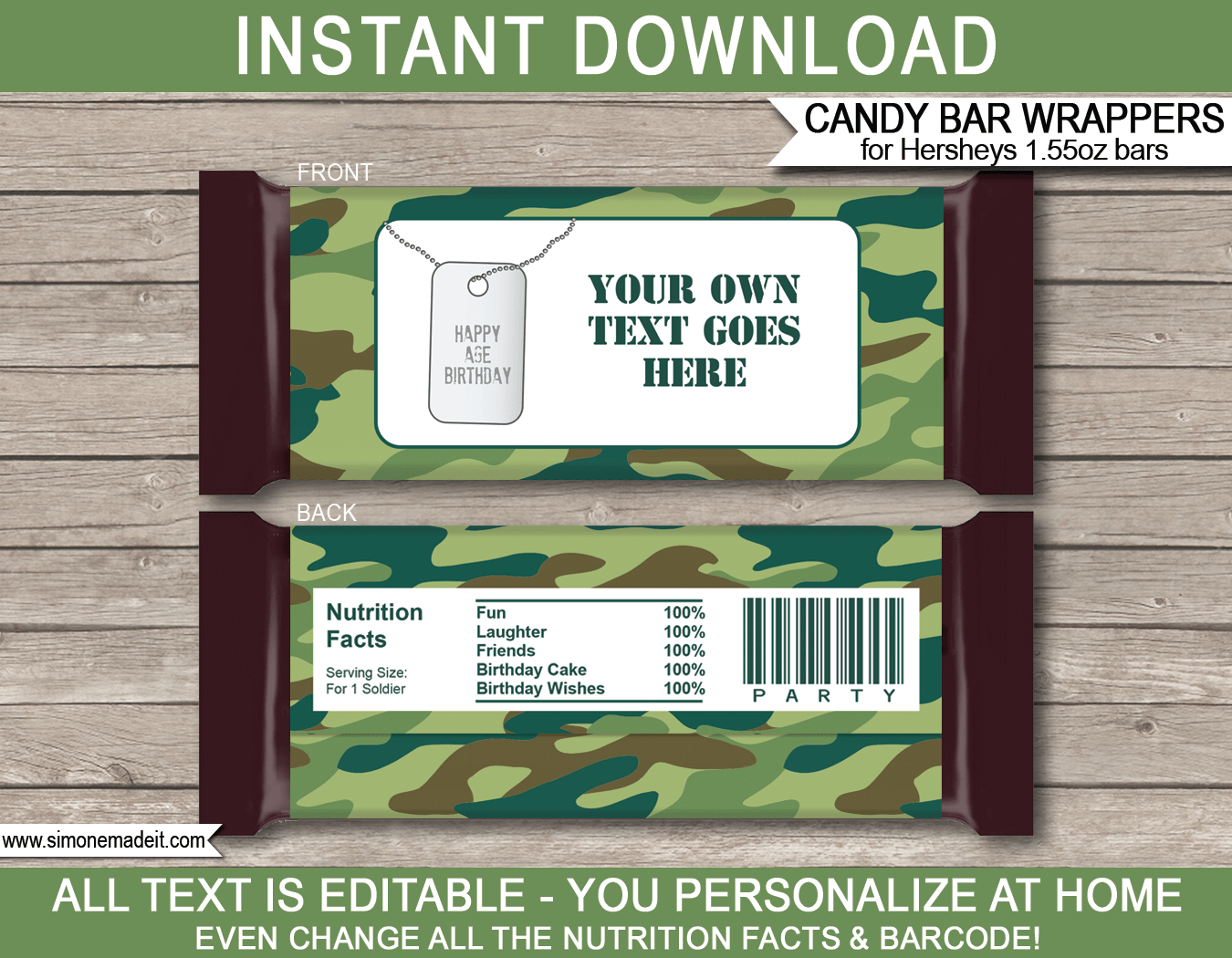 Army Camo Hershey Candy Bar Wrappers | Birthday Party Favors | Personalized Candy Bars | Editable Template | INSTANT DOWNLOAD $3.00 via simonemadeit.com