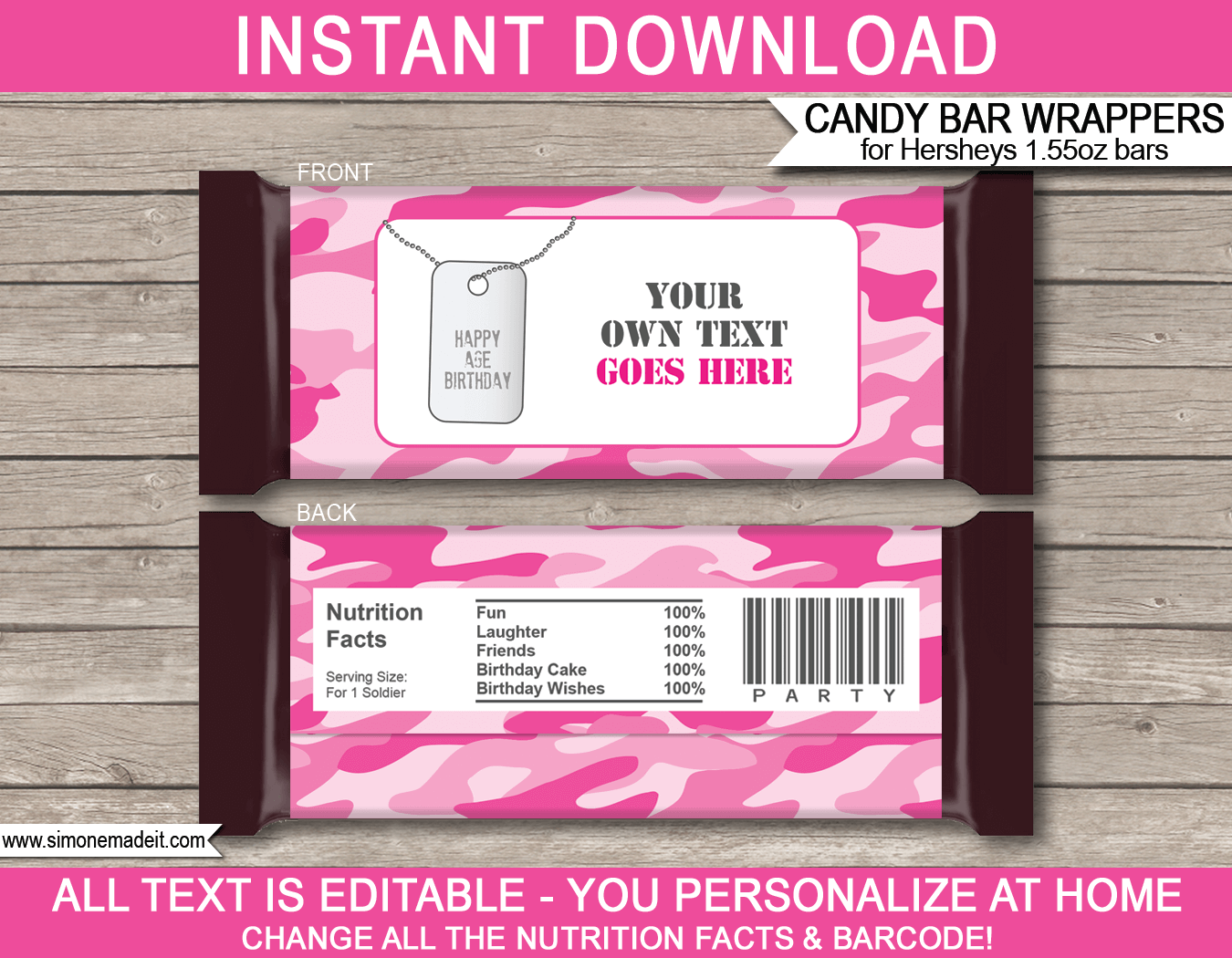 Pink Camo Hershey Candy Bar Wrappers | Birthday Party Favors | Personalized Candy Bars | Editable Template | INSTANT DOWNLOAD $3.00 via simonemadeit.com