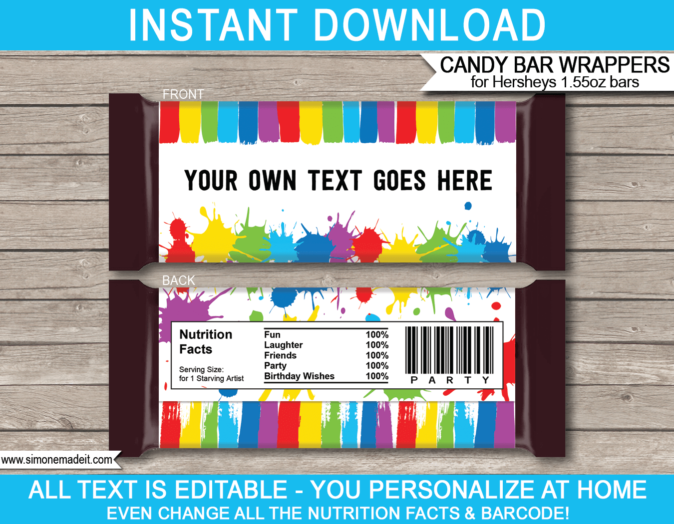 Art Party Hershey Candy Bar Wrappers | Birthday Party Favors | Personalized Candy Bars | Editable Template | INSTANT DOWNLOAD $3.00 via simonemadeit.com