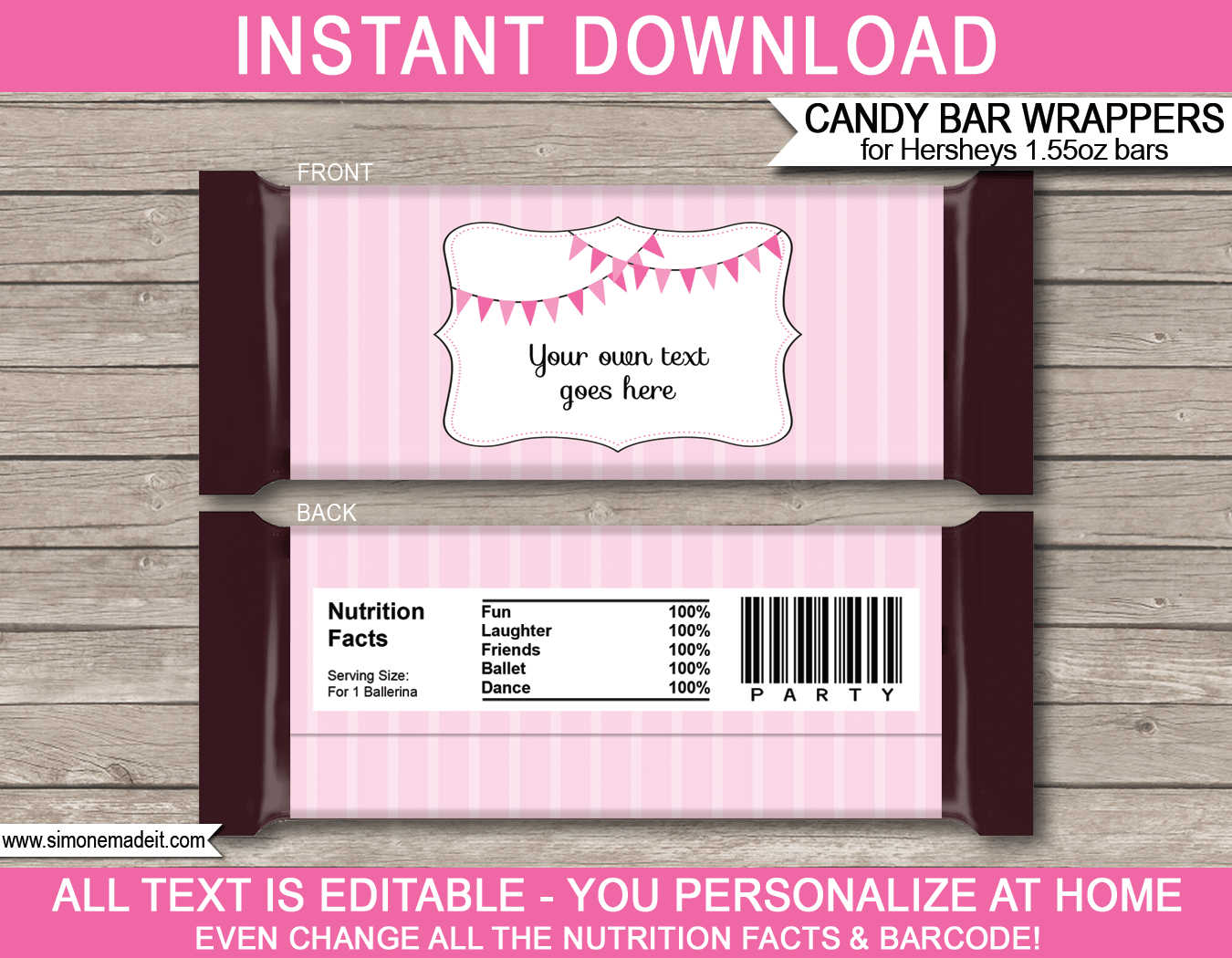 Ballerina Hershey Candy Bar Wrappers | Birthday Party Favors | Personalized Candy Bars | Editable Template | INSTANT DOWNLOAD $3.00 via simonemadeit.com