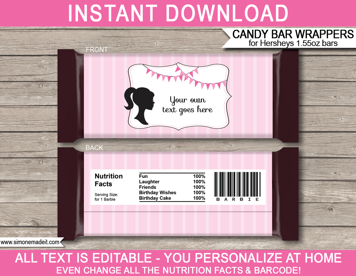 Barbie Hershey Candy Bar Wrappers | Birthday Party Favors | Personalized Candy Bars | Editable Template | INSTANT DOWNLOAD $3.00 via simonemadeit.com