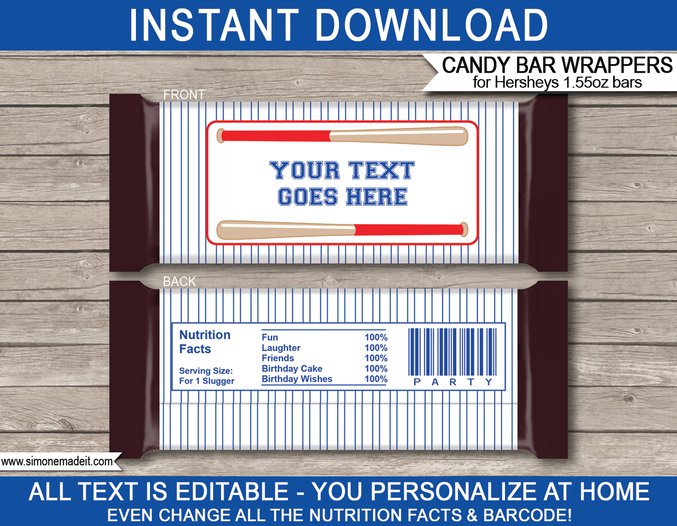 Baseball Hershey Candy Bar Wrappers | Birthday Party Favors | Personalized Candy Bars | Editable Template | INSTANT DOWNLOAD $3.00 via simonemadeit.com