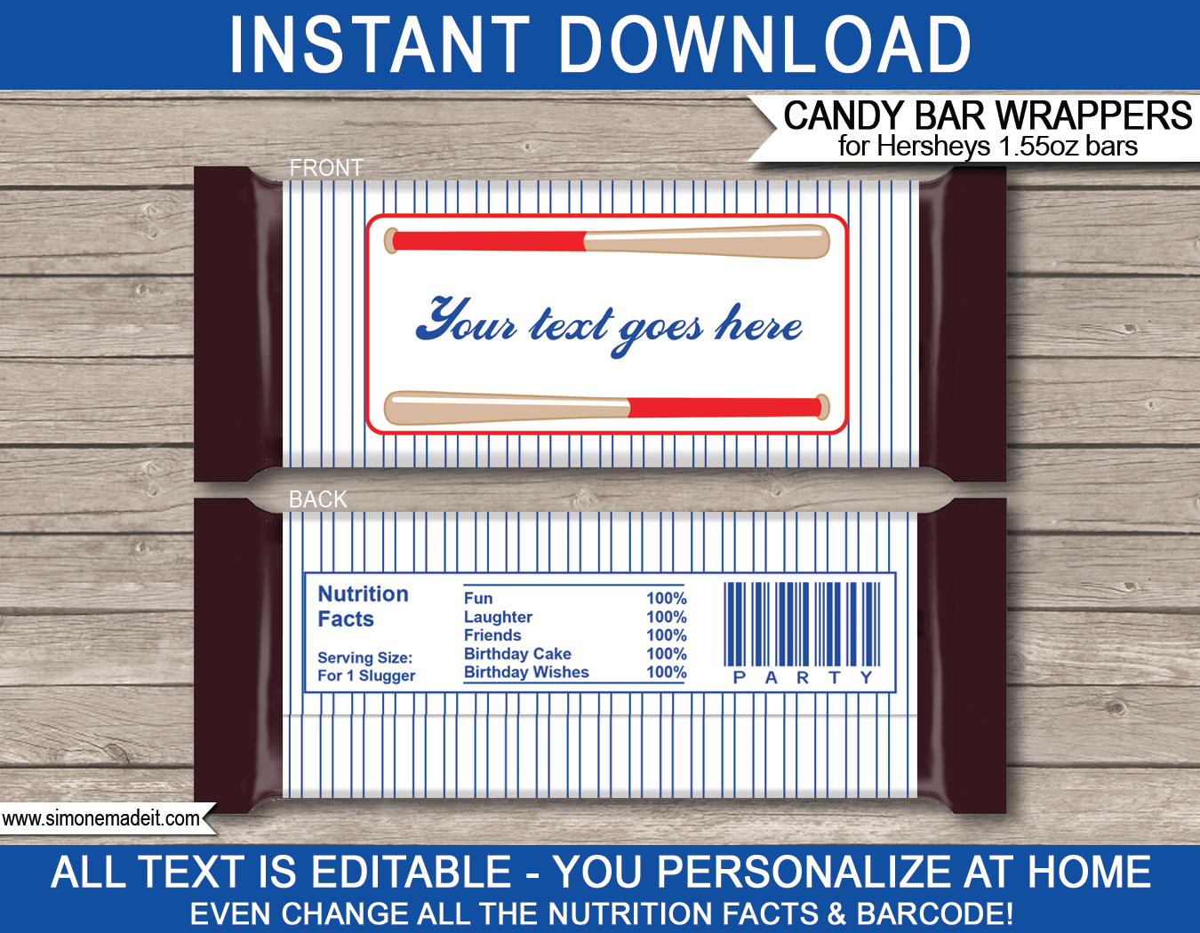 Baseball Party Hershey Candy Bar Wrappers | Birthday Party Favors | Personalized Candy Bars | Editable Template | INSTANT DOWNLOAD $3.00 via simonemadeit.com
