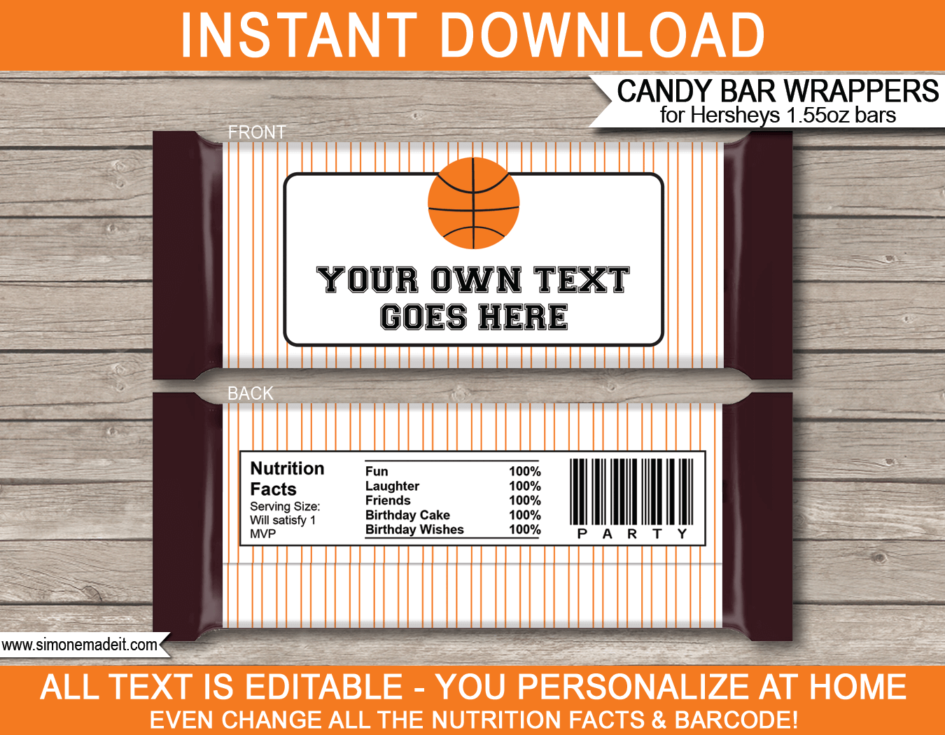 Basketball Hershey Candy Bar Wrappers | Birthday Party Favors | Personalized Candy Bars | Editable Template | INSTANT DOWNLOAD $3.00 via simonemadeit.com