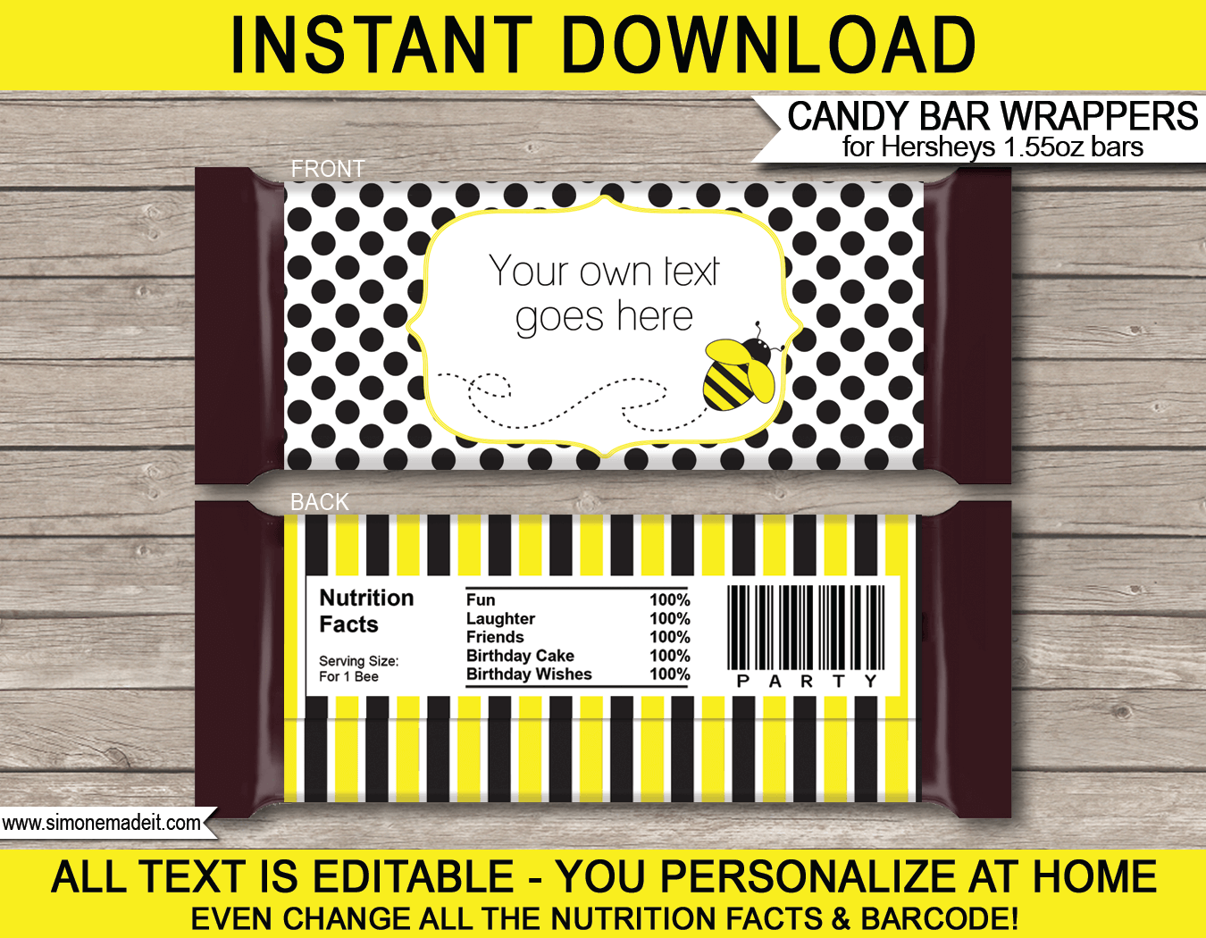Bee Hershey Candy Bar Wrappers | Birthday Party Favors | Personalized Candy Bars | Editable Template | INSTANT DOWNLOAD $3.00 via simonemadeit.com