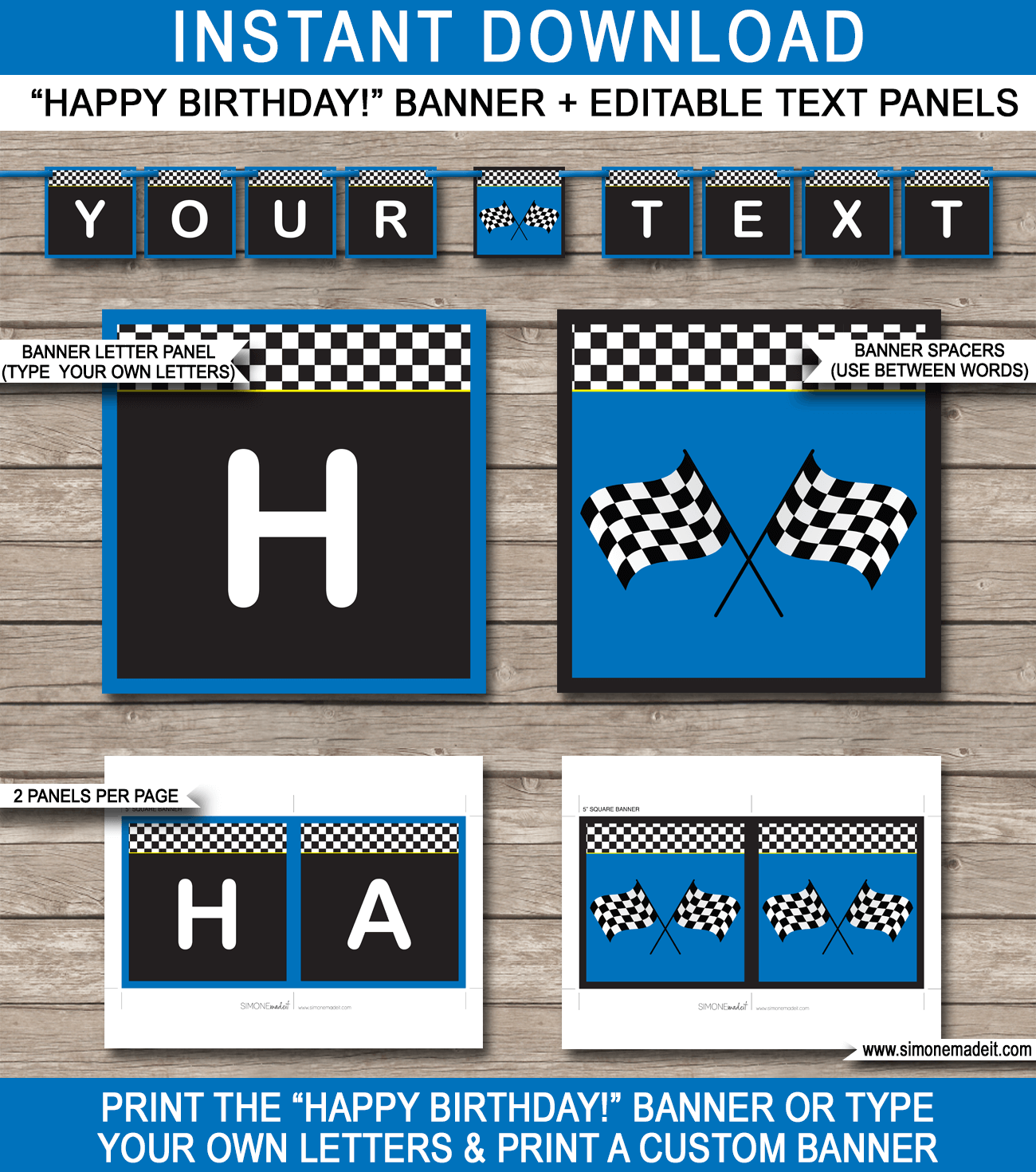 Blue Race Car Party Pennant Banner Template - Race Car Bunting - Happy Birthday Banner - Birthday Party - Editable and Printable DIY Template - INSTANT DOWNLOAD $4.50 via simonemadeit.com