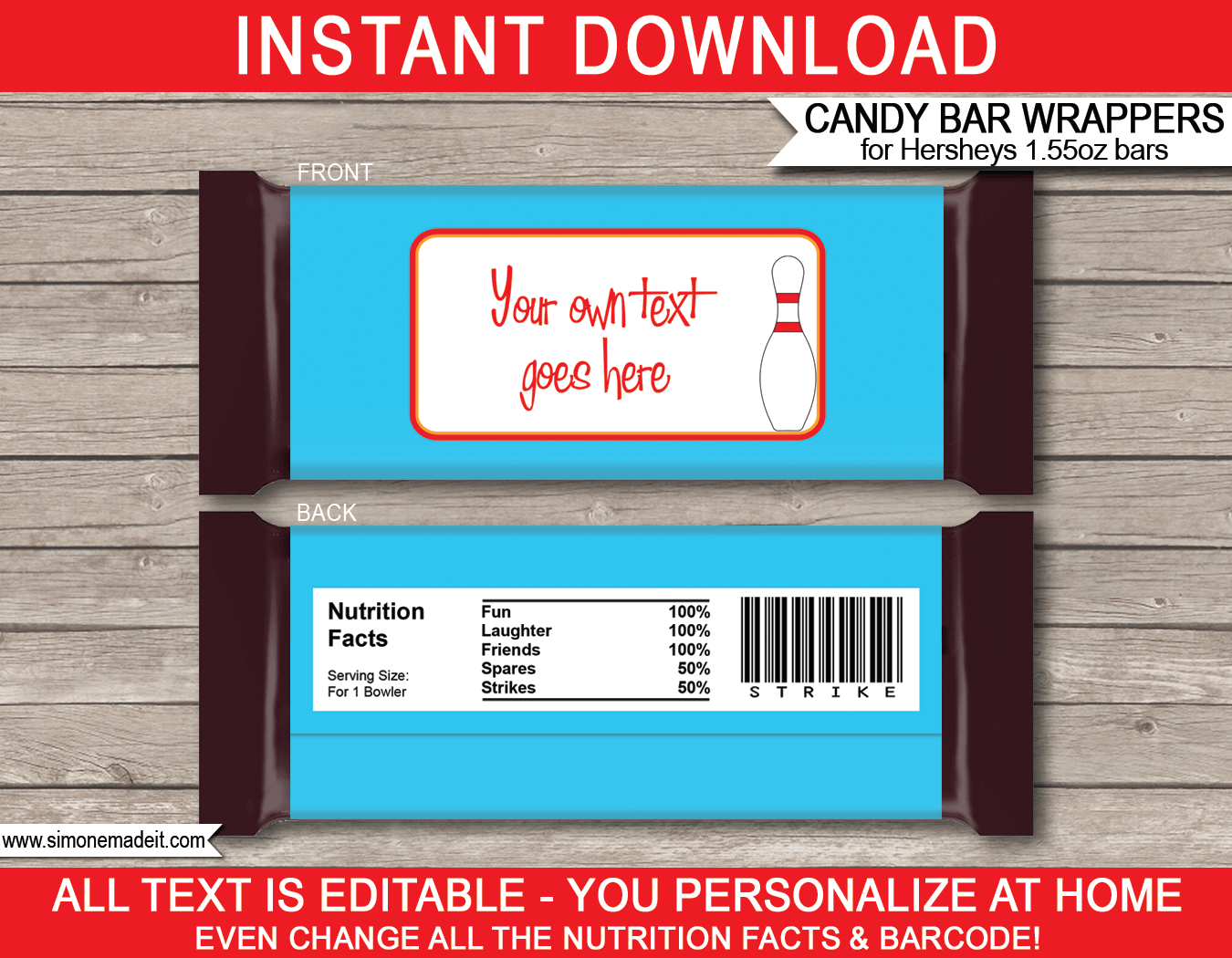 Bowling Hershey Candy Bar Wrappers | Birthday Party Favors | Personalized Candy Bars | Editable Template | INSTANT DOWNLOAD $3.00 via simonemadeit.com