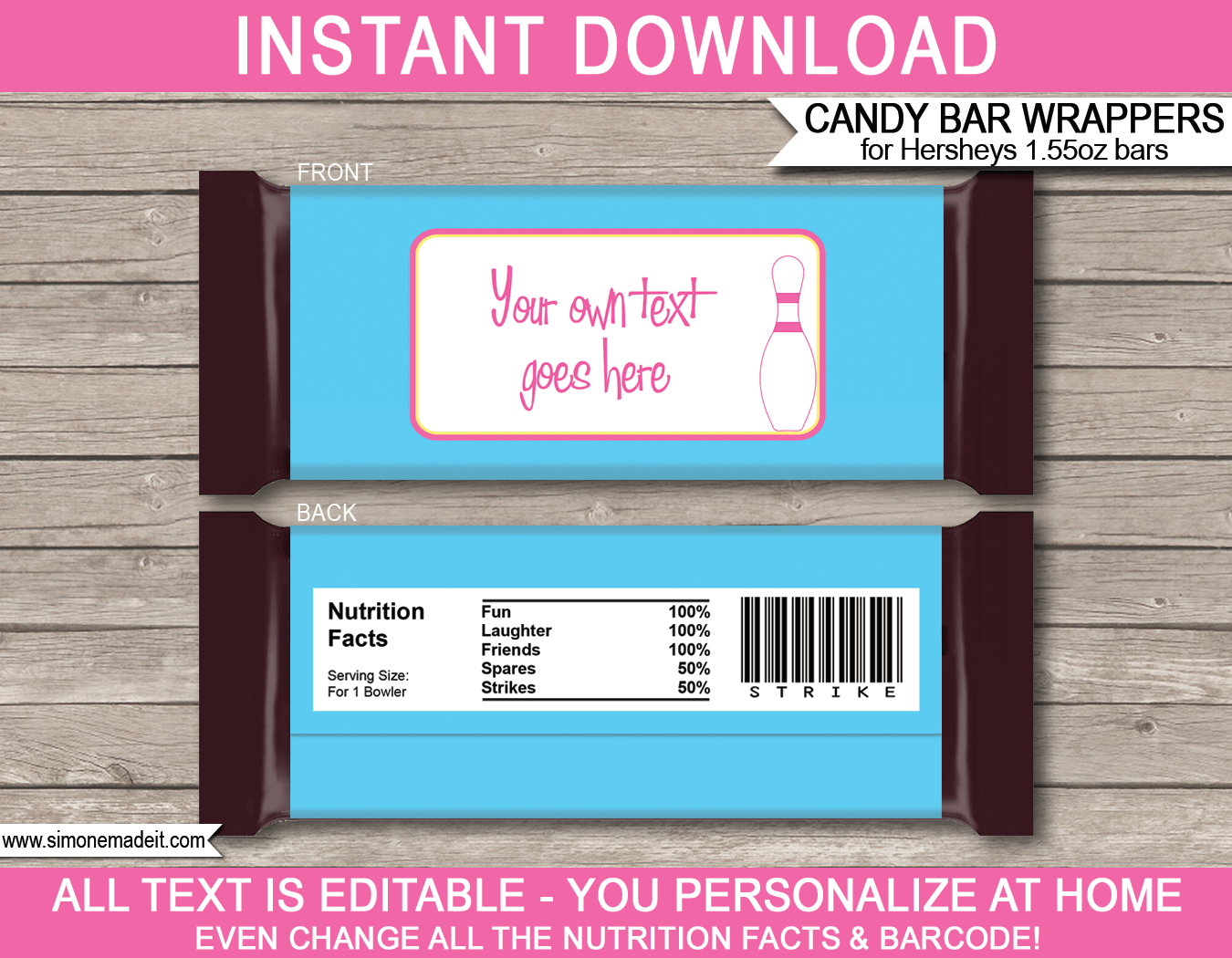 Pink Girls Bowling Hershey Candy Bar Wrappers | Birthday Party Favors | Personalized Candy Bars | Editable Template | INSTANT DOWNLOAD $3.00 via simonemadeit.com