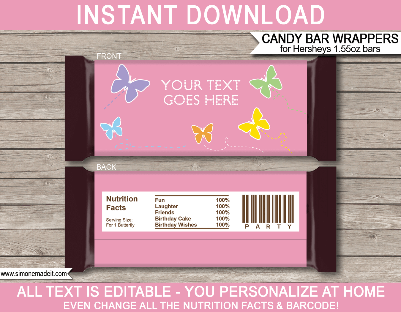 Butterfly Hershey Candy Bar Wrappers | Birthday Party Favors | Personalized Candy Bars | Editable Template | INSTANT DOWNLOAD $3.00 via simonemadeit.com