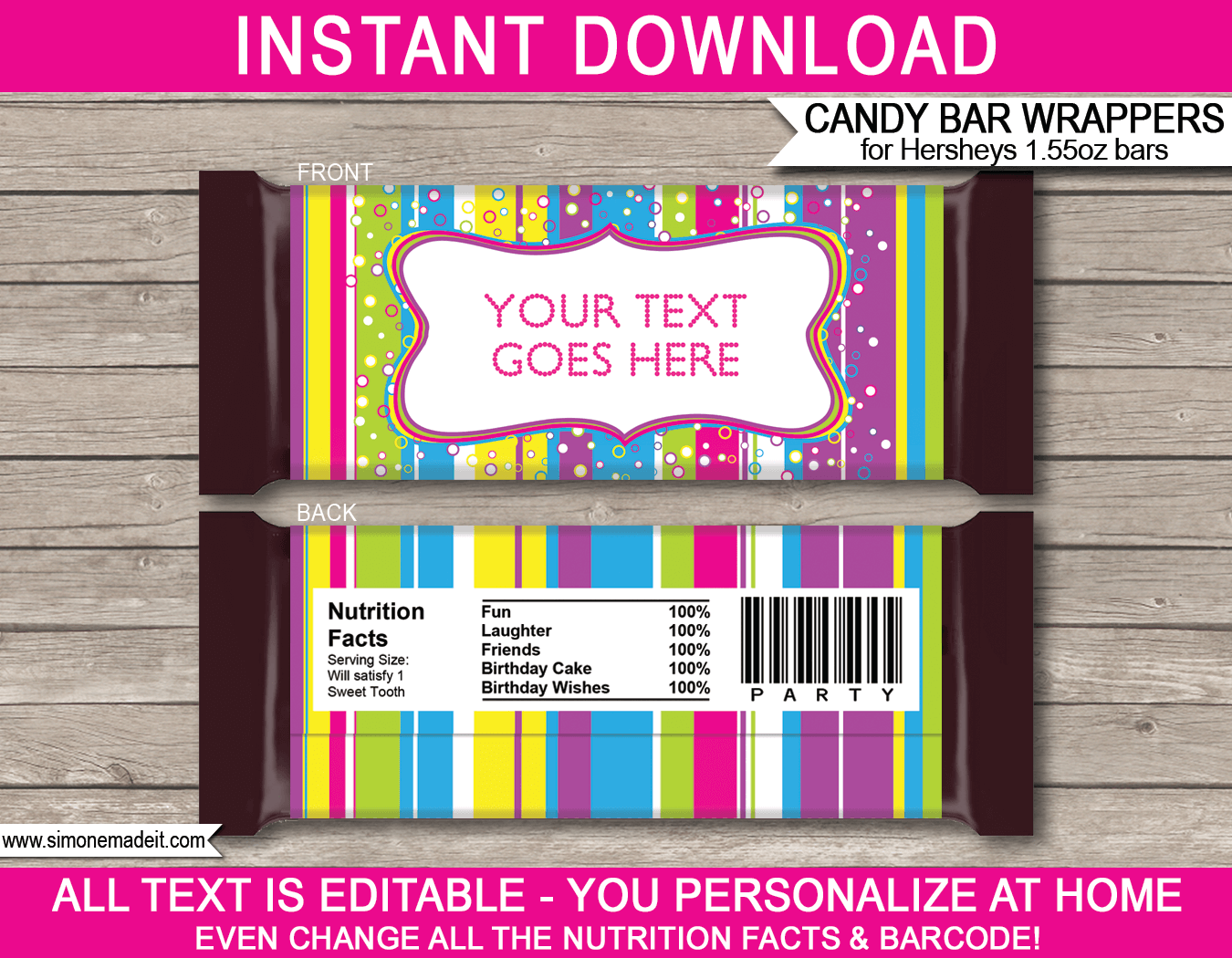 Candyland Colorful Hershey Candy Bar Wrappers | Birthday Party Favors | Personalized Candy Bars | Editable Template | INSTANT DOWNLOAD $3.00 via simonemadeit.com