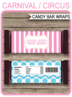 Pink Carnival Hershey Candy Bar Wrappers | Circus | Pink Aqua | Birthday Party Favors | Personalized Candy Bars | Editable Template | INSTANT DOWNLOAD $3.00 via simonemadeit.com
