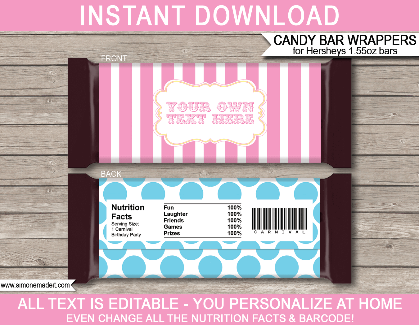 Pink Carnival Hershey Candy Bar Wrappers | Circus | Pink Aqua | Birthday Party Favors | Personalized Candy Bars | Editable Template | INSTANT DOWNLOAD $3.00 via simonemadeit.com