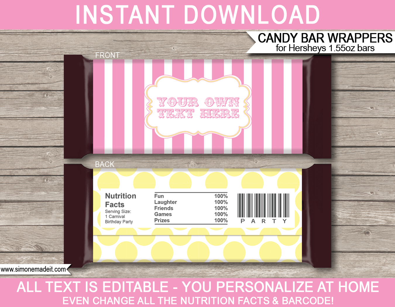 Yellow Carnival Hershey Candy Bar Wrappers | Circus | Pink Yellow | Birthday Party Favors | Personalized Candy Bars | Editable Template | INSTANT DOWNLOAD $3.00 via simonemadeit.com