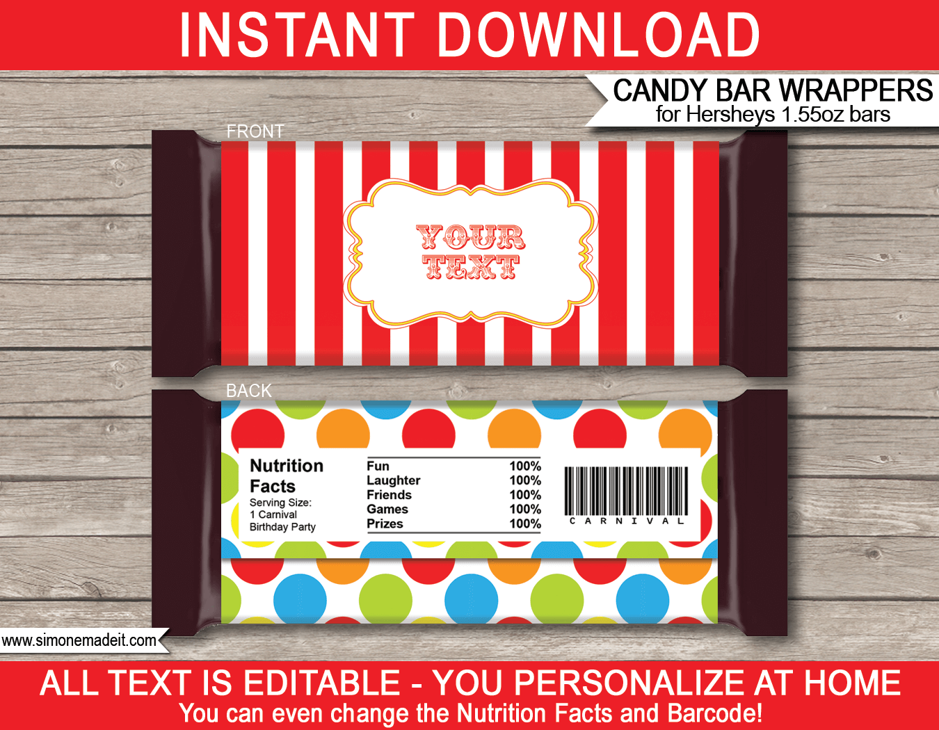 Carnival Hershey Candy Bar Wrappers | Circus | Birthday Party Favors | Personalized Candy Bars | Editable Template | INSTANT DOWNLOAD $3.00 via simonemadeit.com