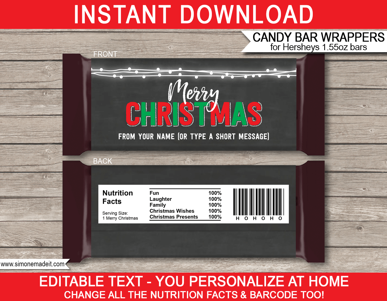 Christmas Candy Bar Wrappers | Chalkboard | Hershey 1.55oz Milk Chocolate | Personalized Candy Bars | Editable Template | INSTANT DOWNLOAD $3.00 via simonemadeit.com