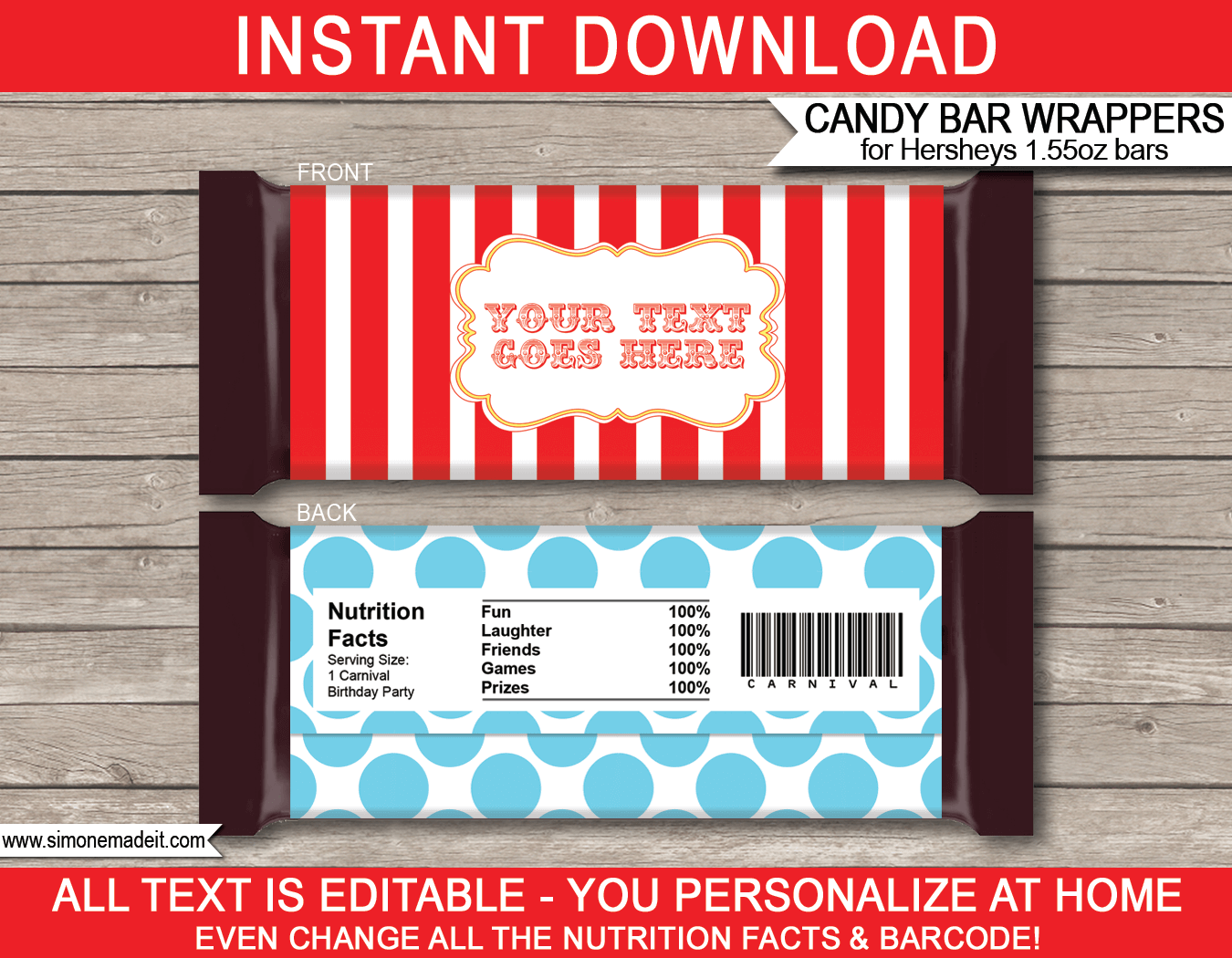 Circus Hershey Candy Bar Wrappers | Carnival | Red Aqua | Birthday Party Favors | Personalized Candy Bars | Editable Template | INSTANT DOWNLOAD $3.00 via simonemadeit.com