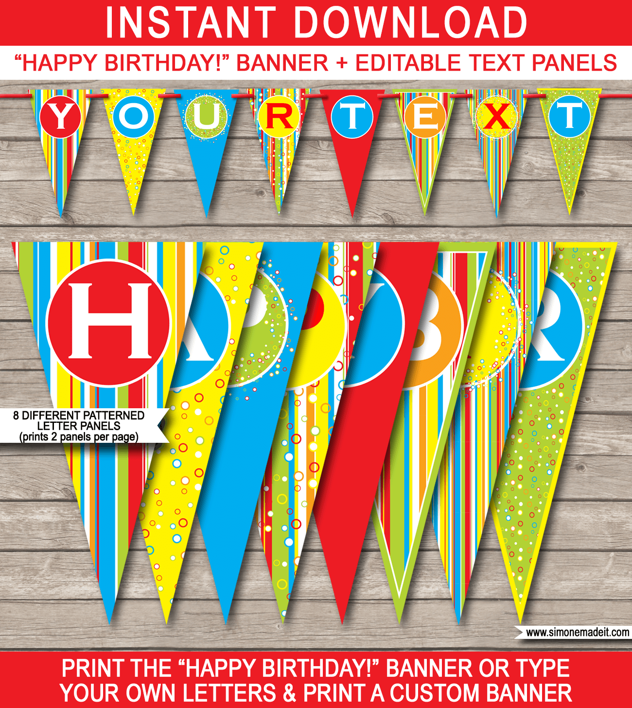 Colorful Pennant Banner Template - Birthday Party Bunting - Happy Birthday Pennants - Editable and Printable DIY Template - INSTANT DOWNLOAD $4.50 via simonemadeit.com