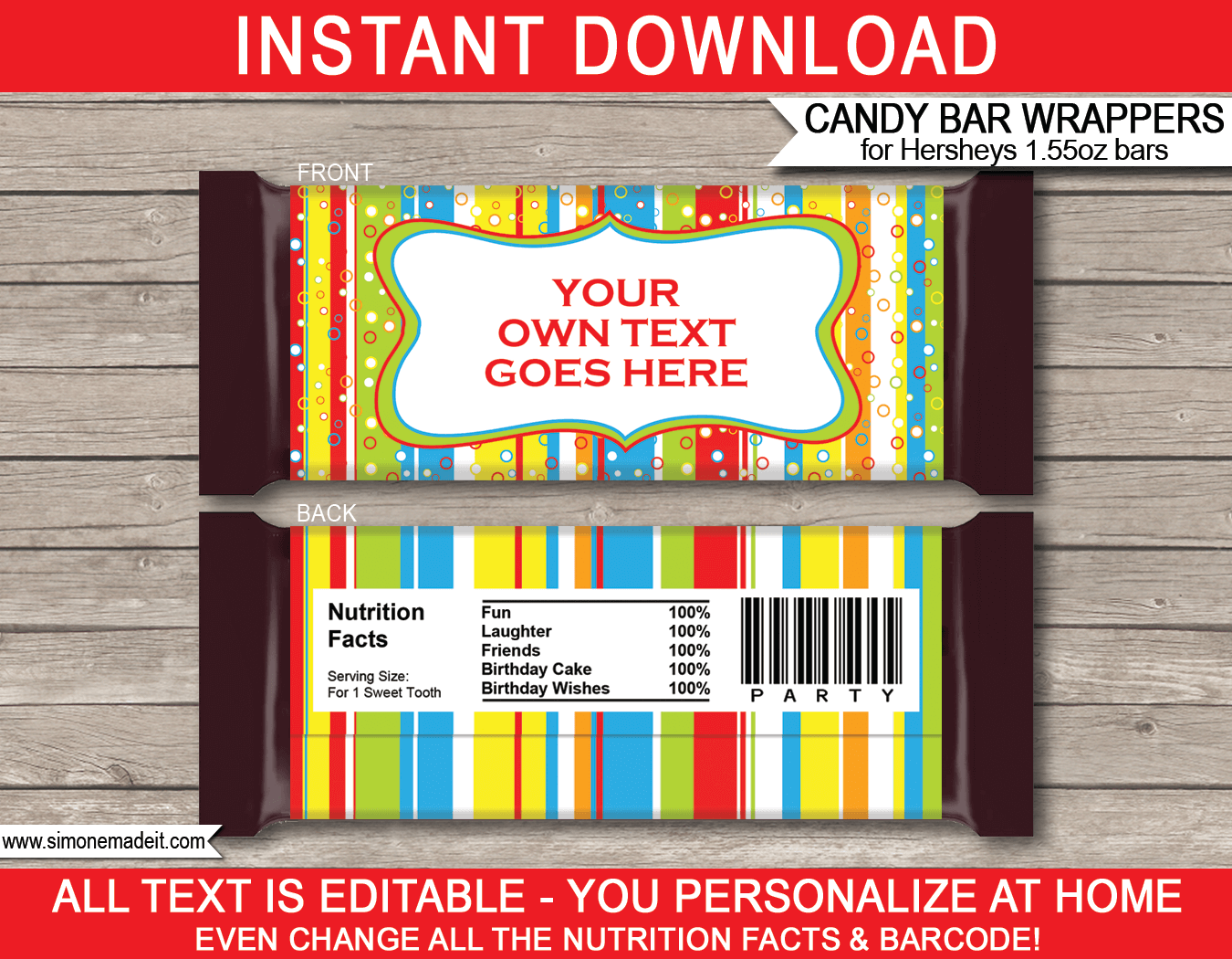 Sweet Shoppe Colorful Hershey Candy Bar Wrappers | Birthday Party Favors | Personalized Candy Bars | Editable Template | INSTANT DOWNLOAD $3.00 via simonemadeit.com