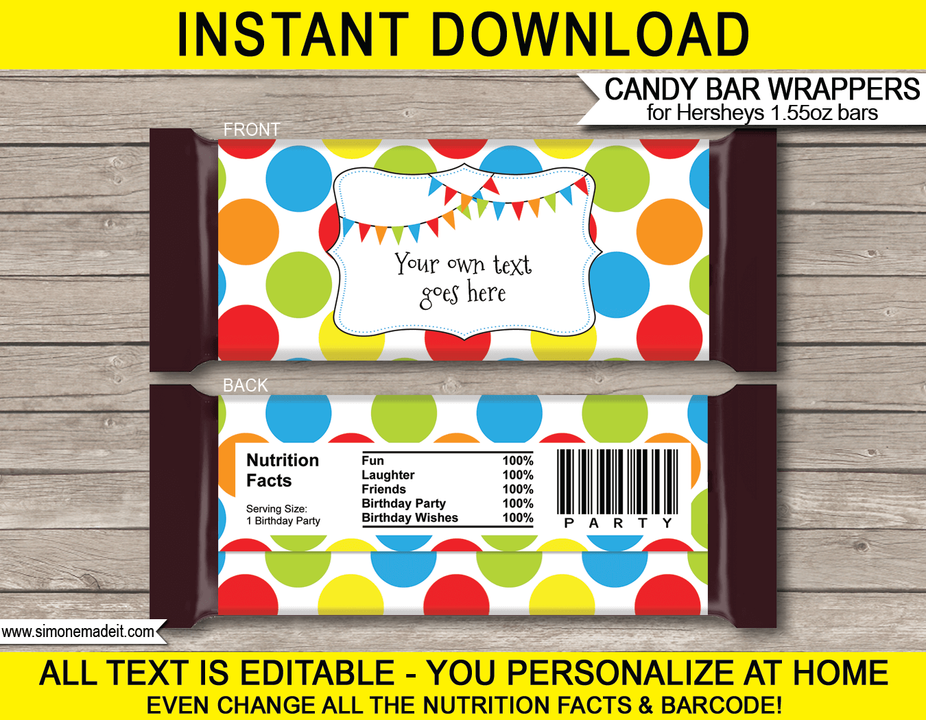 Colorful Polkadot Hershey Candy Bar Wrappers | Birthday Party Favors | Personalized Candy Bars | Editable Template | INSTANT DOWNLOAD $3.00 via simonemadeit.com