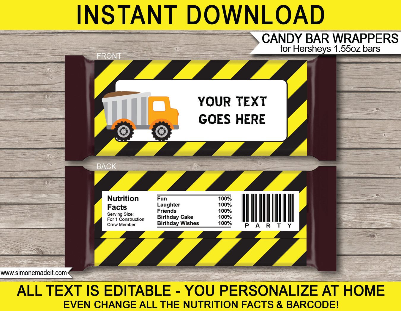 Construction Hershey Candy Bar Wrappers | Dump Truck | Birthday Party Favors | Personalized Candy Bars | Editable Template | INSTANT DOWNLOAD $3.00 via simonemadeit.com