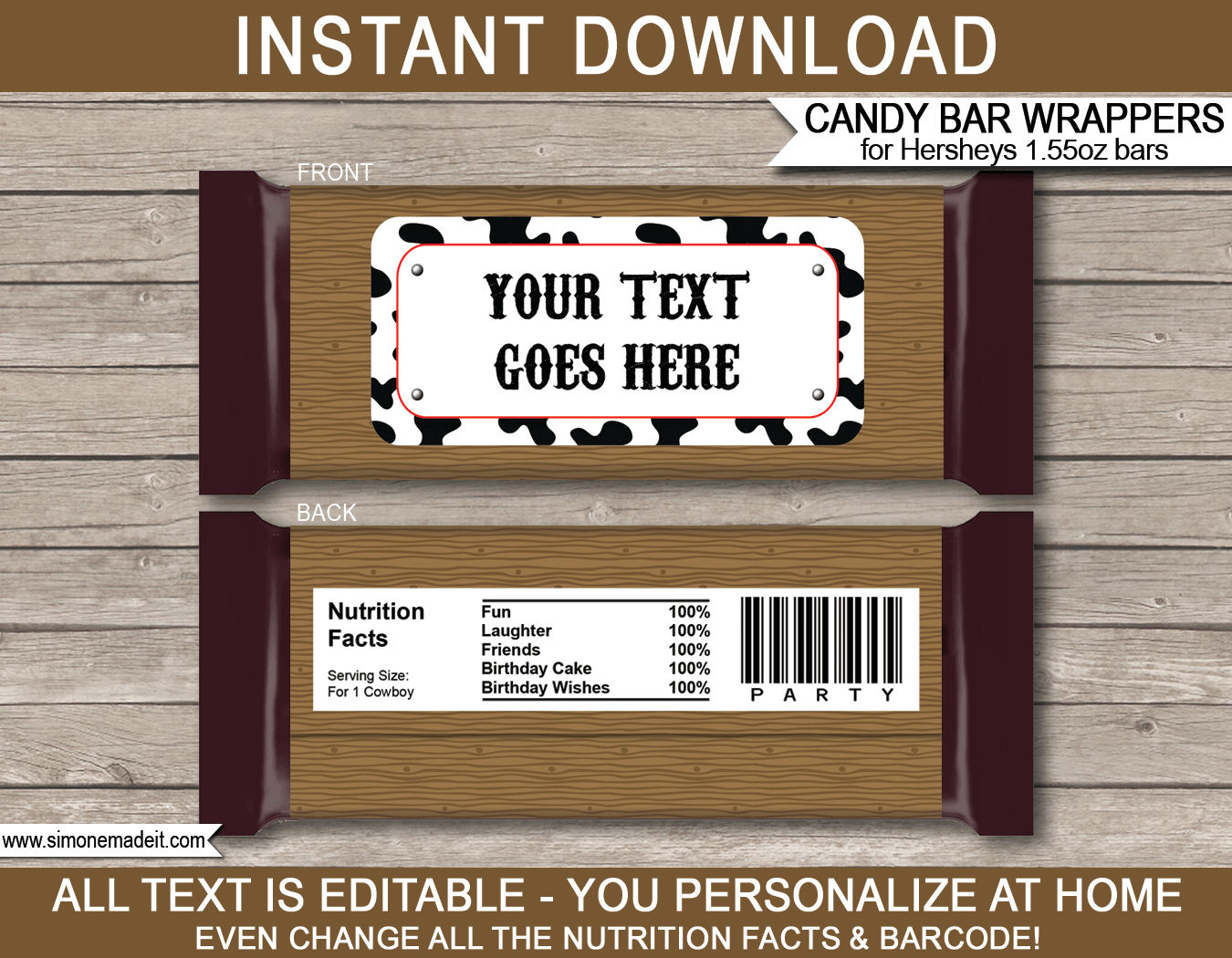 Cowboy Hershey Candy Bar Wrappers | Birthday Party Favors | Personalized Candy Bars | Editable Template | INSTANT DOWNLOAD $3.00 via simonemadeit.com