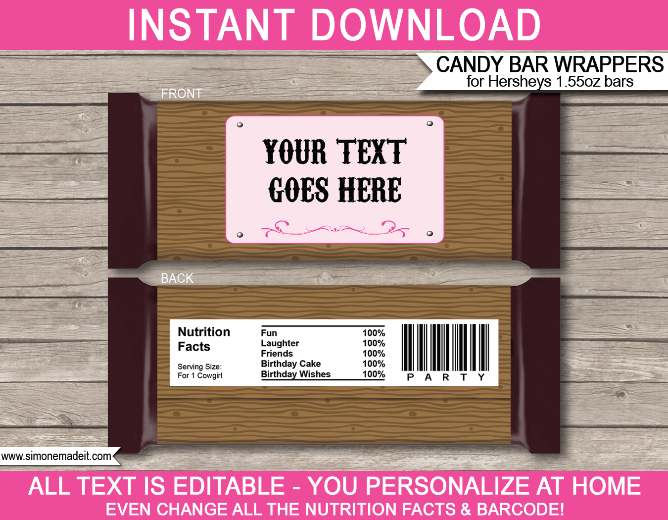 Cowgirl Hershey Candy Bar Wrappers | Birthday Party Favors | Personalized Candy Bars | Editable Template | INSTANT DOWNLOAD $3.00 via simonemadeit.com