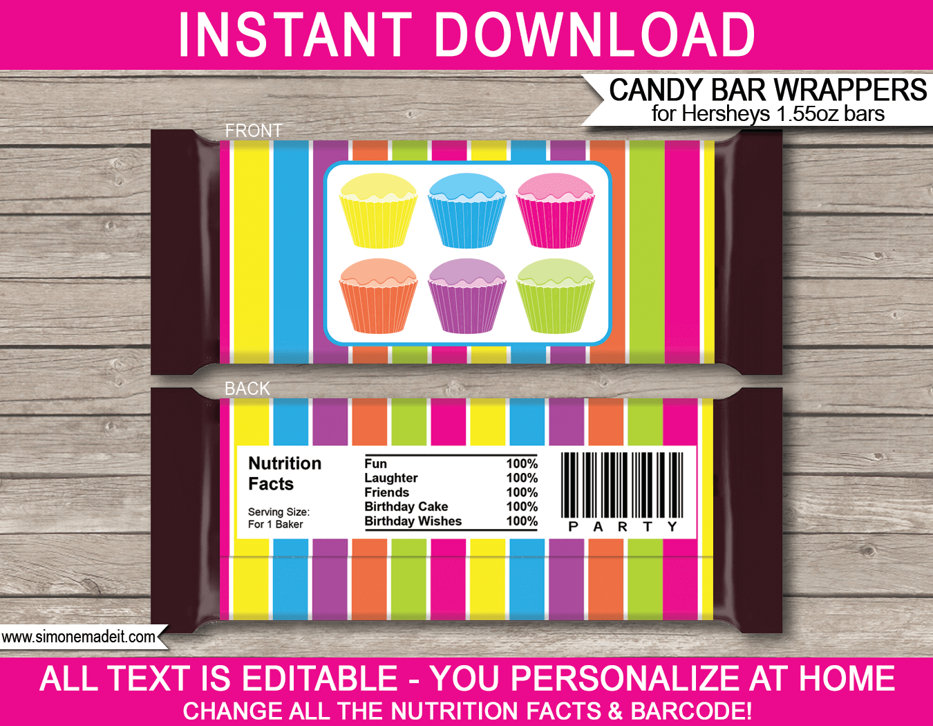 Cupcake Hershey Candy Bar Wrappers | Birthday Party Favors | Personalized Candy Bars | Editable Template | INSTANT DOWNLOAD $3.00 via simonemadeit.com