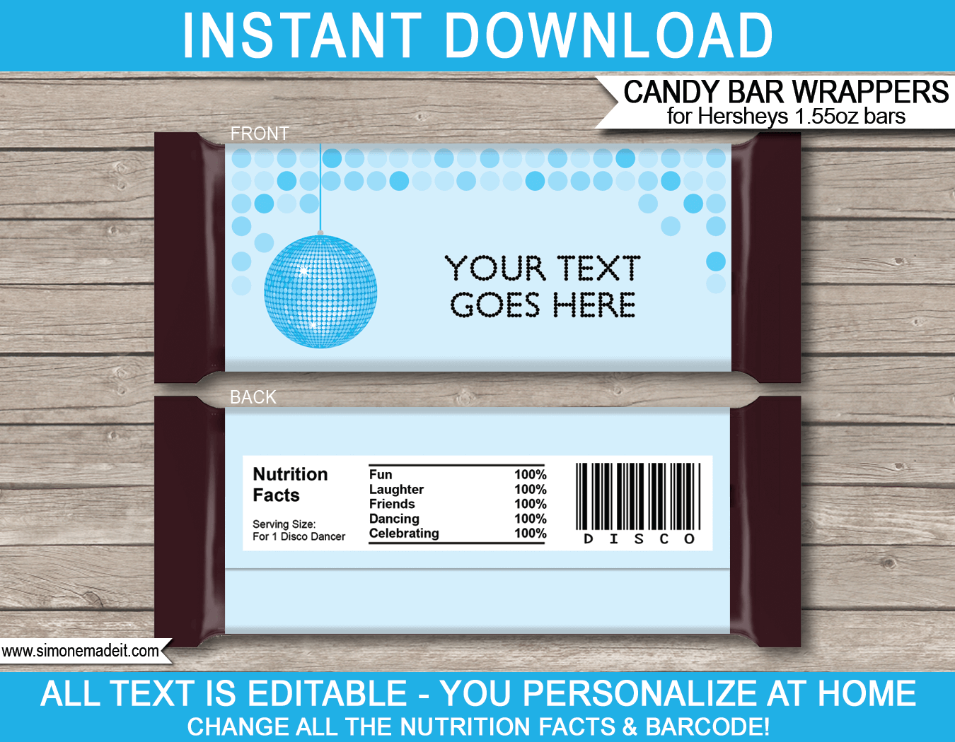 Blue Disco Party Hershey Candy Bar Wrappers | Birthday Party Favors | Personalized Candy Bars | Editable Template | INSTANT DOWNLOAD $3.00 via simonemadeit.com