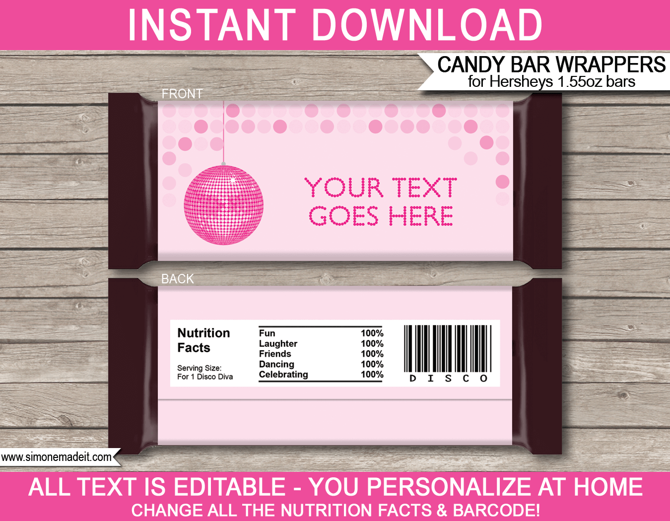 Disco Hershey Candy Bar Wrappers | Pink | Birthday Party Favors | Personalized Candy Bars | Editable Template | INSTANT DOWNLOAD $3.00 via simonemadeit.com