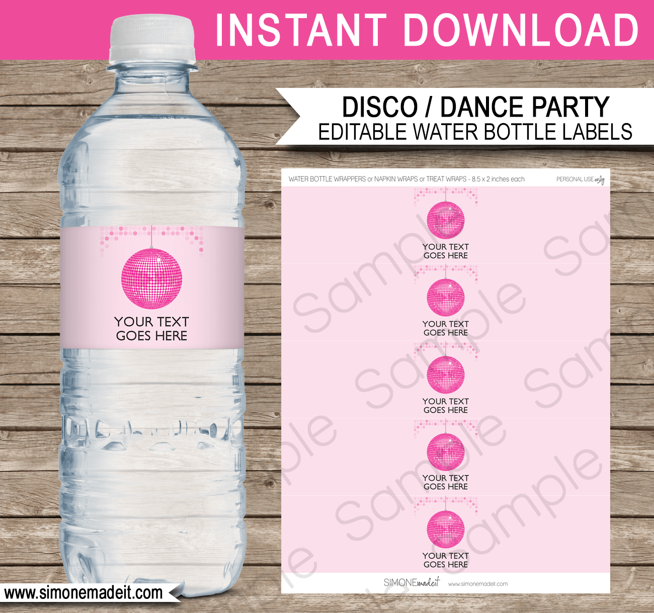 Pink Disco Party Water Bottle Labels | Editable Template | INSTANT DOWNLOAD $3.00 via simonemadeit.com