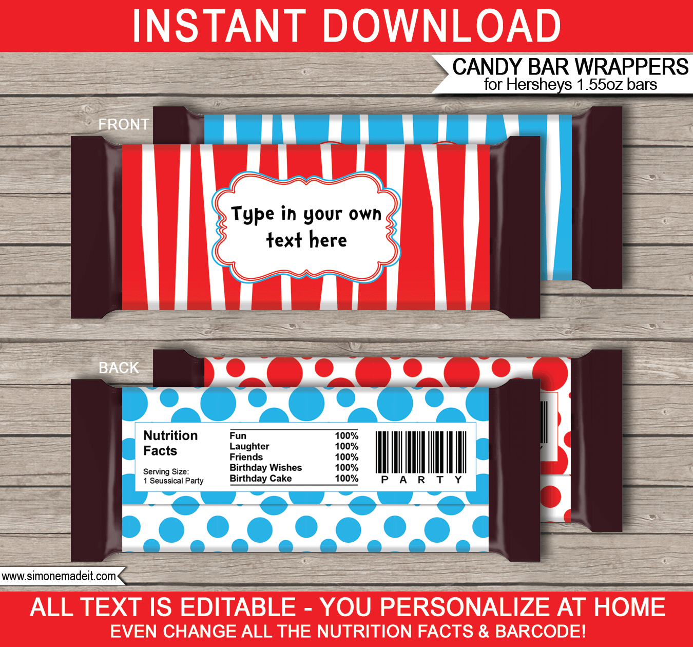 Dr Seuss Hershey Candy Bar Wrappers | Birthday Party Favors | Personalized Candy Bars | Editable Template | INSTANT DOWNLOAD $3.00 via simonemadeit.com