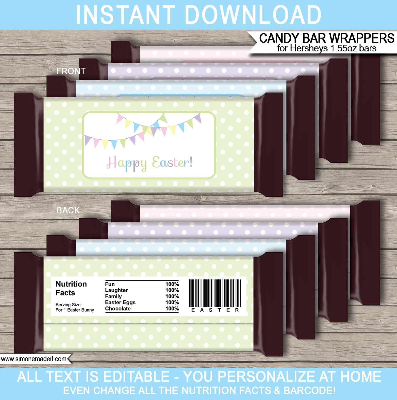 Easter Hershey Candy Bar Wrappers | Birthday Party Favors | Personalized Candy Bars | Editable Template | INSTANT DOWNLOAD $3.00 via simonemadeit.com