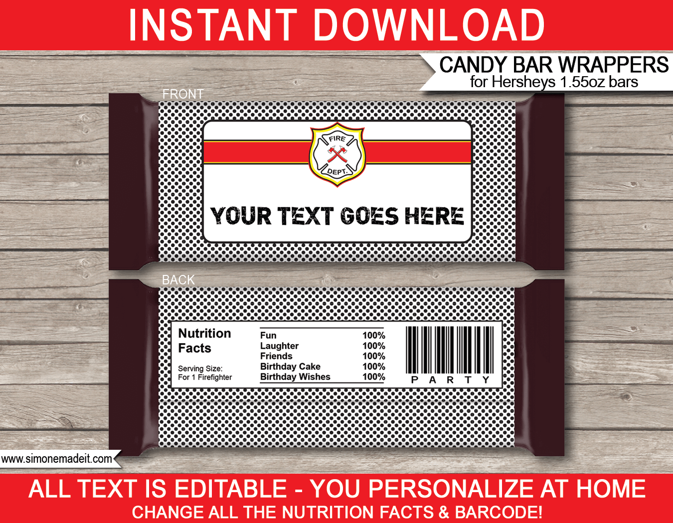 Fireman Hershey Candy Bar Wrappers | Birthday Party Favors | Personalized Candy Bars | Editable Template | INSTANT DOWNLOAD $3.00 via simonemadeit.com