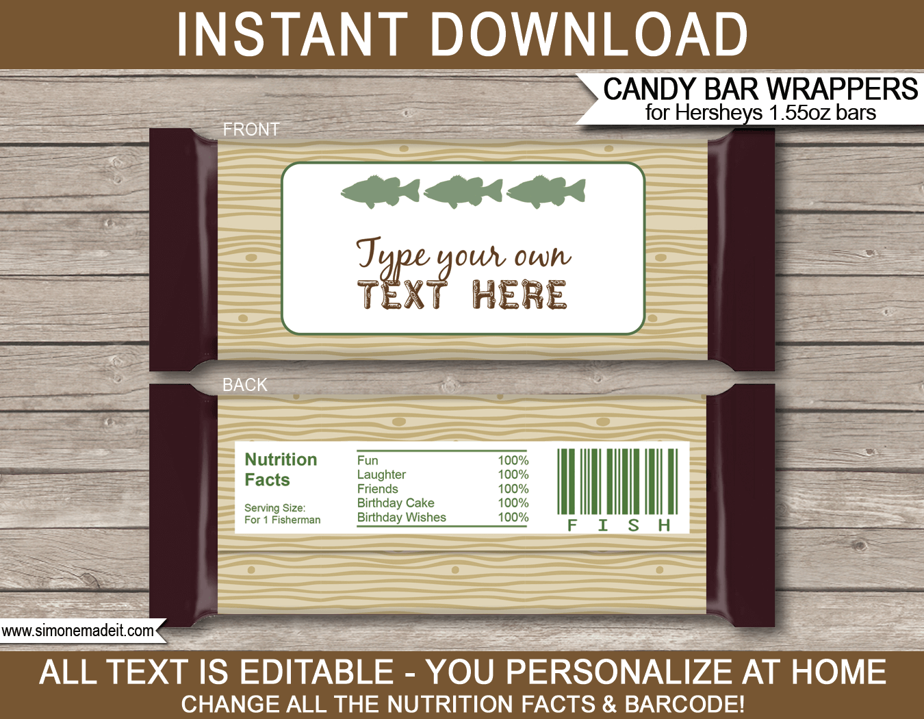 Fishing Hershey Candy Bar Wrappers | Birthday Party Favors | Personalized Candy Bars | Editable Template | INSTANT DOWNLOAD $3.00 via simonemadeit.com