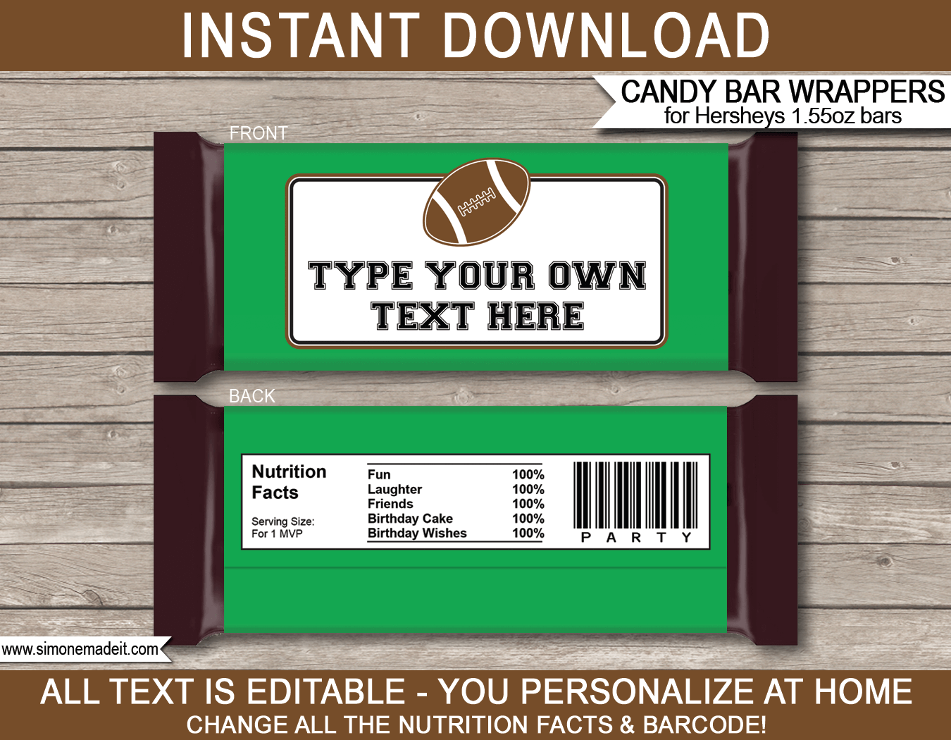 Football Hershey Candy Bar Wrappers | Birthday Party Favors | Personalized Candy Bars | Editable Template | INSTANT DOWNLOAD $3.00 via simonemadeit.com