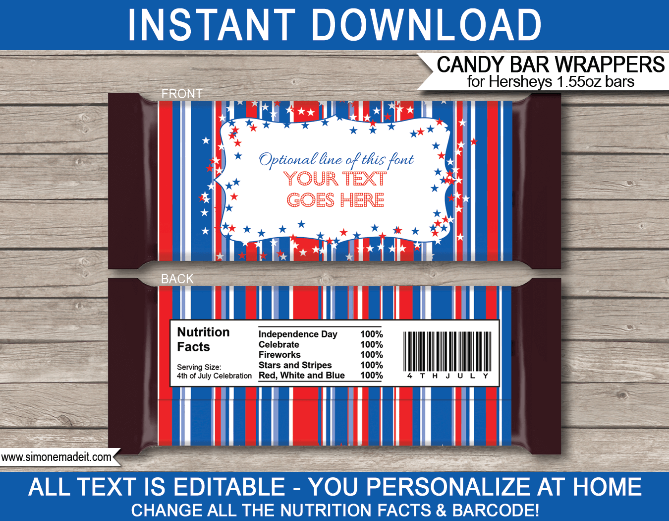 July 4th Hershey Candy Bar Wrappers | July Fourth | Personalized Candy Bars | Editable Template | INSTANT DOWNLOAD $3.00 via simonemadeit.com