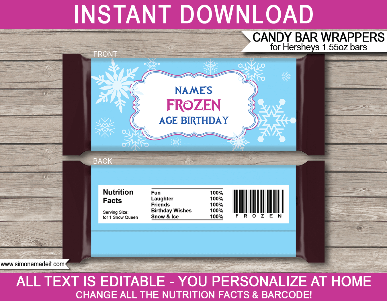 Frozen Hershey Candy Bar Wrappers | Princess Birthday Party Favors | Personalized Candy Bars | Editable Template | INSTANT DOWNLOAD $3.00 via simonemadeit.com